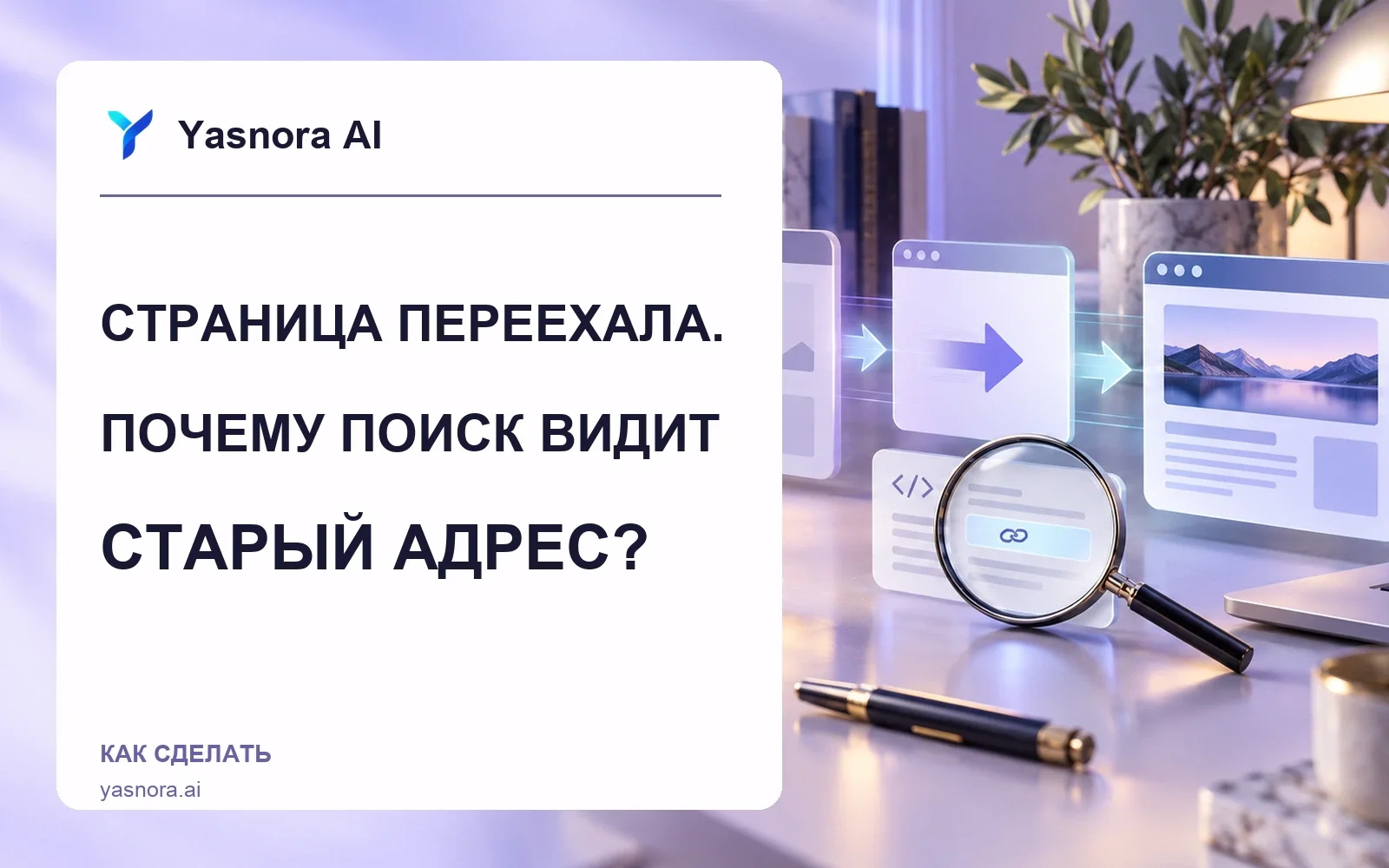 Три веб-страницы показывают переход со старого адреса на новый и проверку ссылки, Yasnora AI