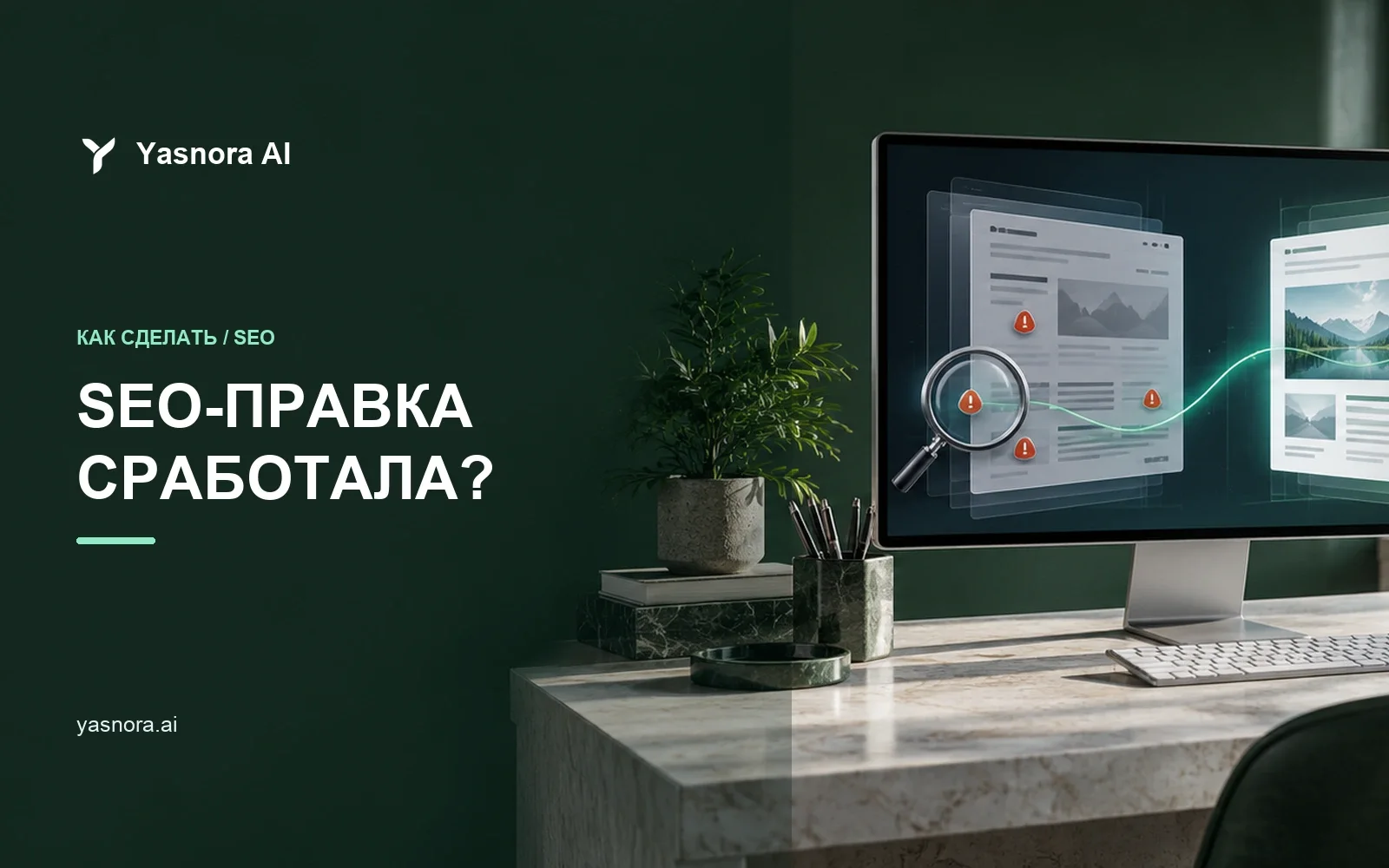 До и после SEO-аудита на экране компьютера с отметками исправлений